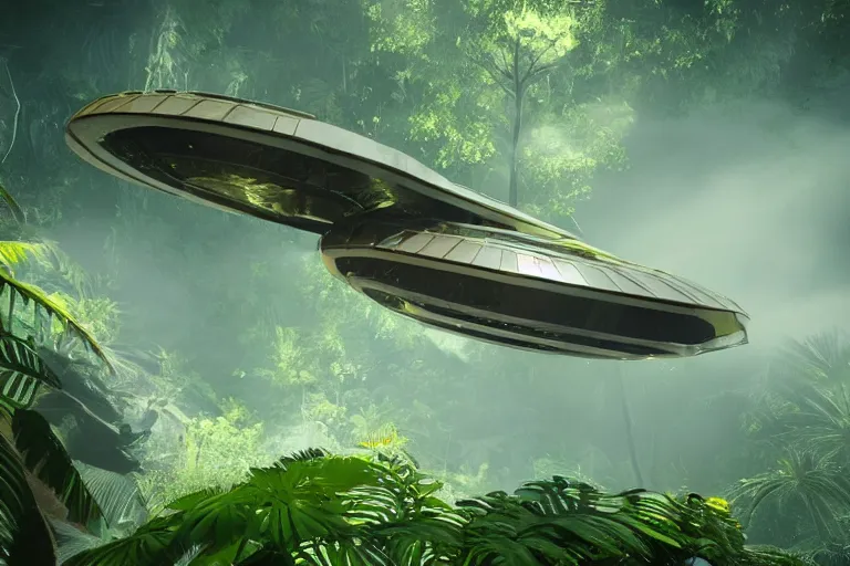 Prompt: big alien space ship flying in the tropical jungle, award winning, trending on artstation, unreal engine