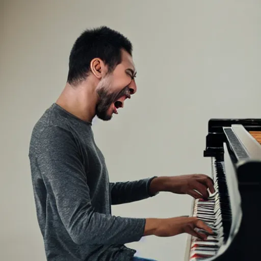 Prompt: a crying musician is shouting at a mobile phone while playing piano, professional photography