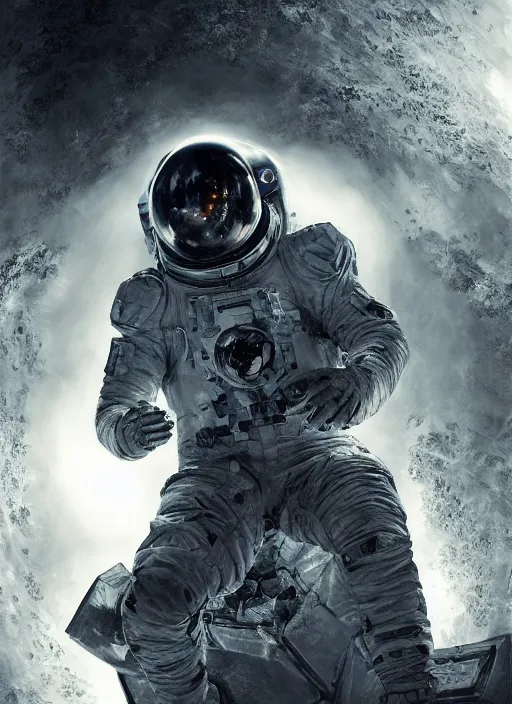 Image similar to infrared concept art by craig mullins astronaut holds a black hole in his hands in futuristic dark and empty spaceship underwater. complex and hyperdetailed technical suit. mandelbulb fractal. reflection and dispersion materials. rays and dispersion of light. volumetric light. 5 0 mm, f / 3 2. noise film photo. flash photography. octane render. interstellar movie art