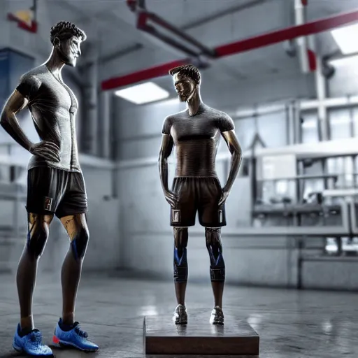 Image similar to a realistic detailed photo of a guy who is an attractive humanoid who is half robot and half humanoid, who is a male android, attractive and handsome soccer players, shiny skin, posing like a statue, blank stare, in a factory, on display, showing off his muscles, wearing soccer shorts, side view, looking at each other mindlessly