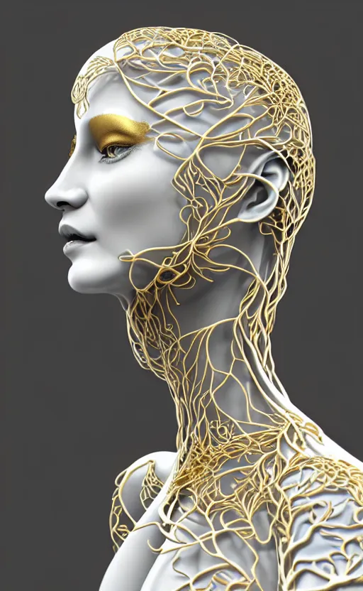 Prompt: complex 3d render of a beautiful porcelain profile woman face, hazel eyes, ultra detailed, vegetal dragon cyborg, 150 mm, beautiful natural soft light, rim light, silver gold lemon metallic details, magnolia big leaves and stems, roots, fine lace, maze like, mandelbot fractal, anatomical, facial muscles, cable wires, microchip, elegant, white metallic armour, octane render, black and white, H.R. Giger style