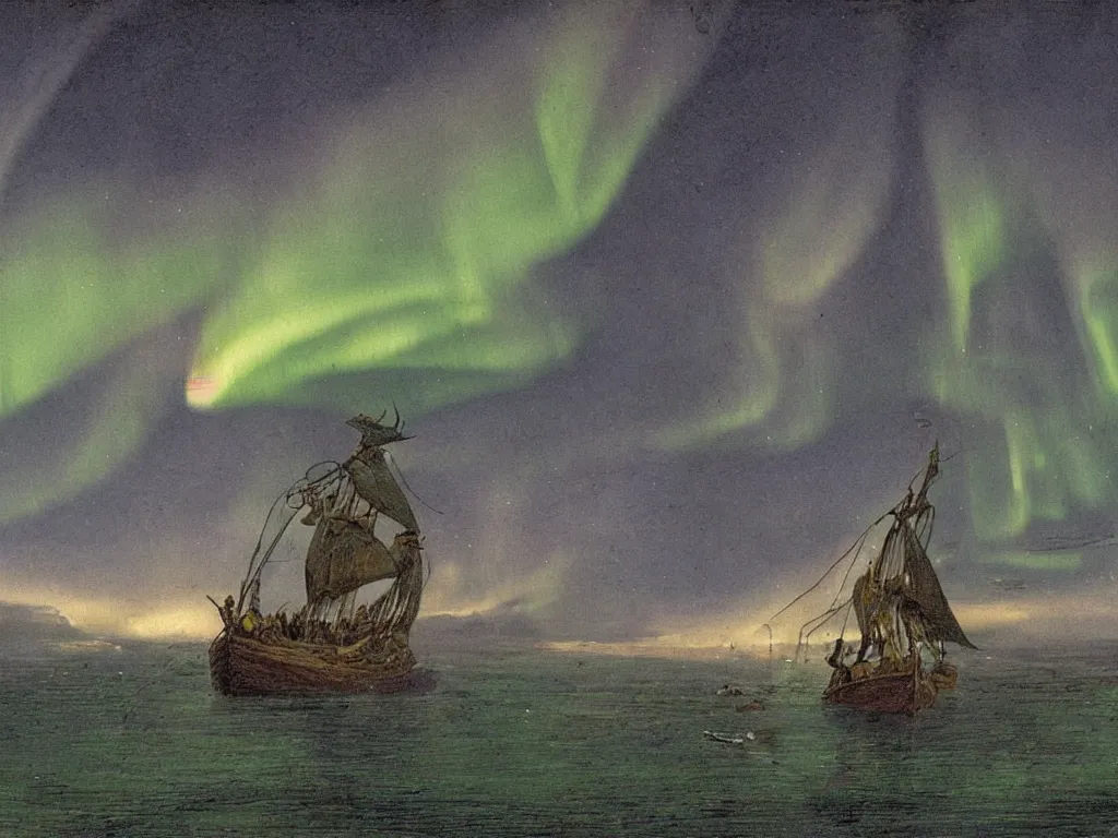 Image similar to Viking longship in the sea with northern lights above in the art style of Theodor Kittelsen