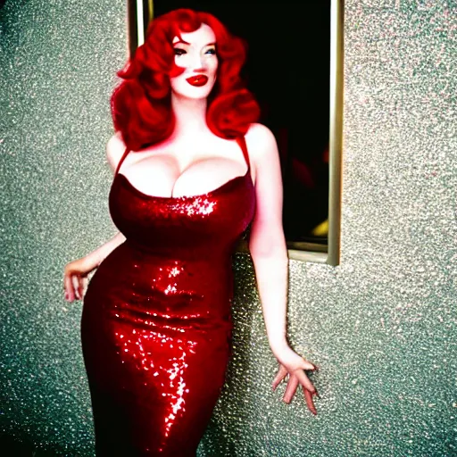 Image similar to film photography of captain christina hendricks as jessica rabbit, head and shoulders photography. red sequin ballgown dress. kodak ektar 4 0 0. canon f 1. 2.