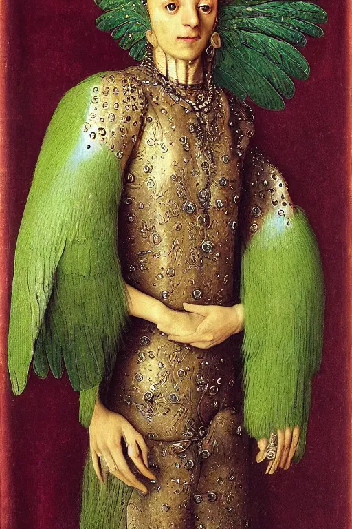 Image similar to portrait of humanoid iridescent green harpy eagle wearing a loose tunic. an anthropomorphic harpy birdr. fantasy, oil painting by jan van eyck, northern renaissance art, oil on canvas, wet - on - wet technique, realistic, expressive emotions, intricate textures, illusionistic detail