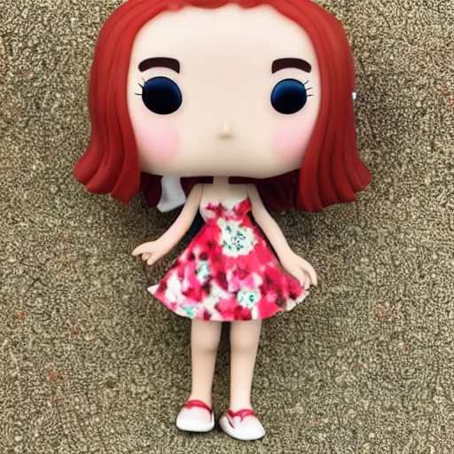 Image similar to skinny 19 year old white girl with long red hair in a flowery sundress, funko pop, highly detailed photo closeup sharp photo