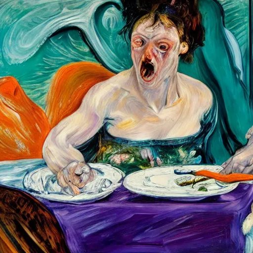 Image similar to high quality high detail expressionist painting of a woman eating in agony by lucian freud and jenny saville and francis bacon and francisco goya and edvard munch, hd, anxiety, seated at table crying and screaming, turquoise and purple and orange and pink