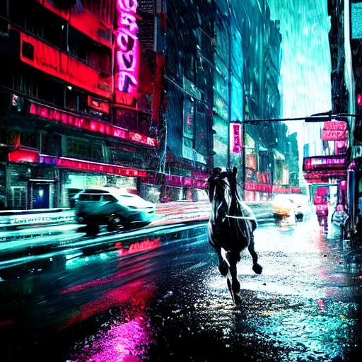 Prompt: a muscular horse galloping down rain-soaked, neon-reflecting streets in a cyberpunk city, action photo, dramatic