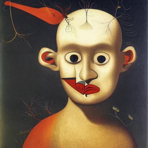 Image similar to A beautiful experimental art of a human face with a bird's beak protruding from the forehead. by Joan Miró, by Salomon van Ruysdael shadowy