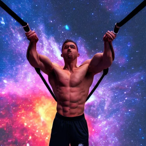 Image similar to athletic man doing a pullup using gymnastic rings, in a cosmic nebula background, dramatic lighting, dramatic digital art trending on artstation