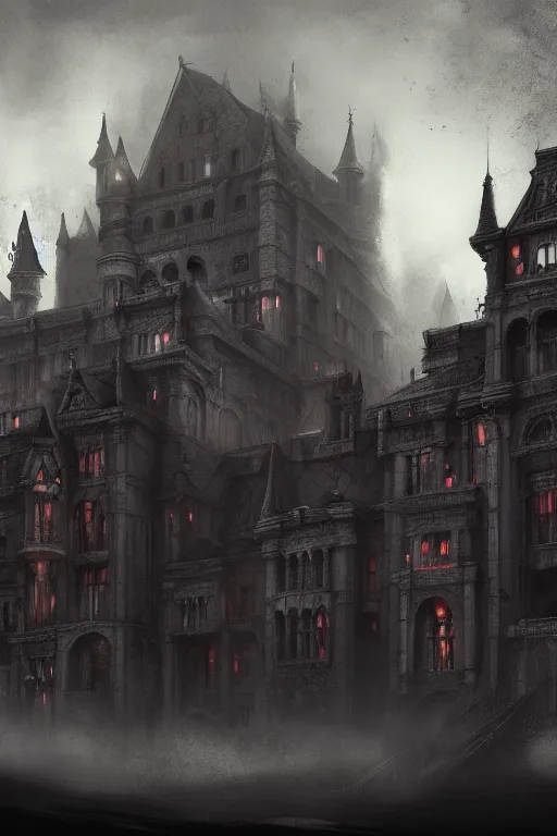 Prompt: concept art of a haunted palace, imposing view, cinematic, horror, photorealistic, vintage, artstation, painterly, expressive