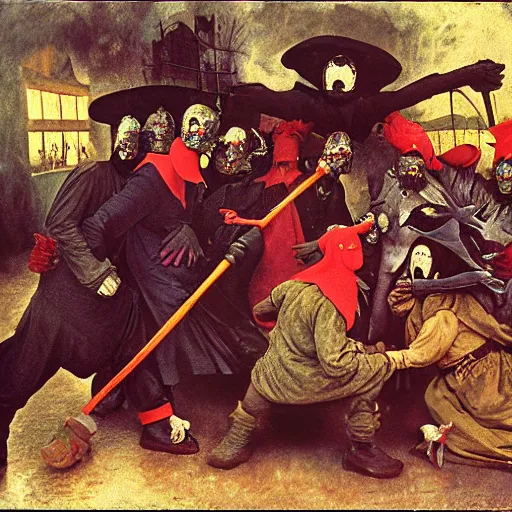 Image similar to 1 9 9 3 disposable camera color flash photo of a gang of plague doctors in the style of jan saudek, annie liebovitz, pieter bruegel the elder, joel peter witkin, gustave dore, heironymus bosch