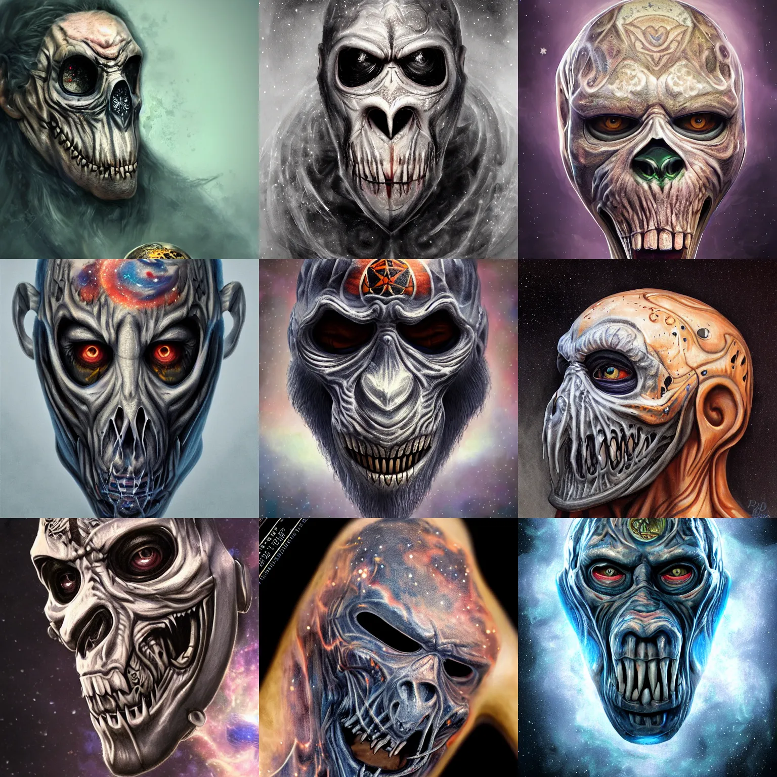 Prompt: a wlop 3 d render of very very very very highly detailed beautiful mystic portrait of a phantom undead hockey mask ape with whirling galaxy around, tattoos by anton pieck, intricate, extremely detailed, digital painting, artstation, concept art, smooth, sharp focus, illustration, intimidating lighting, incredible art,