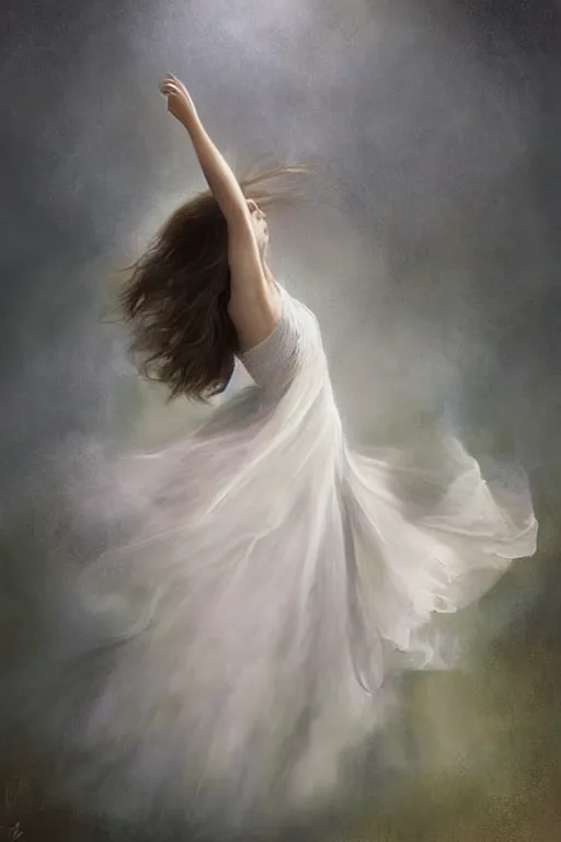 Prompt: little girl dancing in the wind, beautiful face, ethereal, bride, beautiful wedding dress, gorgeous, volumetric lighting, elegant, fluid, very highly detailed, digital painting, concept art, illustration, limited color palette, atmosphere and tension, art by greg olsen and liz lemon swindle