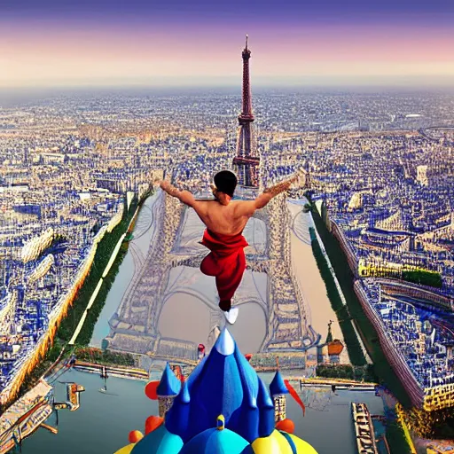 Prompt: Aladdin on magic carpet flying over Eiffle Tower