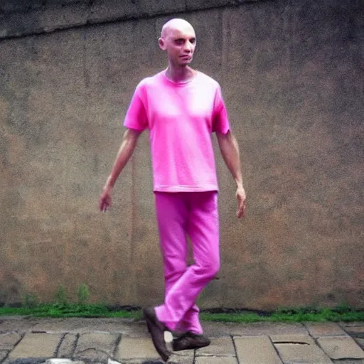 Image similar to bald skinny man in a pink t - shirt and pink pants, a colorized photo by hinchel or, tumblr, fantastic realism, colorized, handsome, da vinci