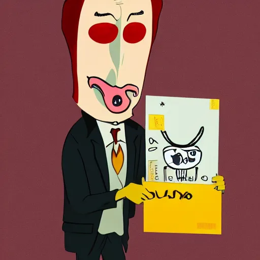 Prompt: multicolo saul goodman holding money by gary baseman in 4 k ultra high resolution, with depressive feeling