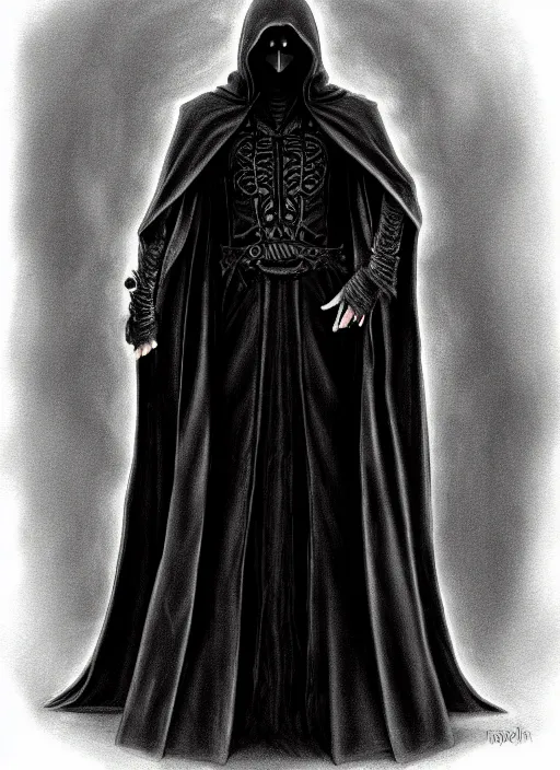 Image similar to pencil ultradetailed painting of the necromancer, wearing a black cloak, crisp