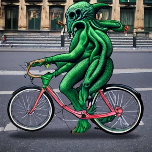 Image similar to cthulhu riding a bike in paris