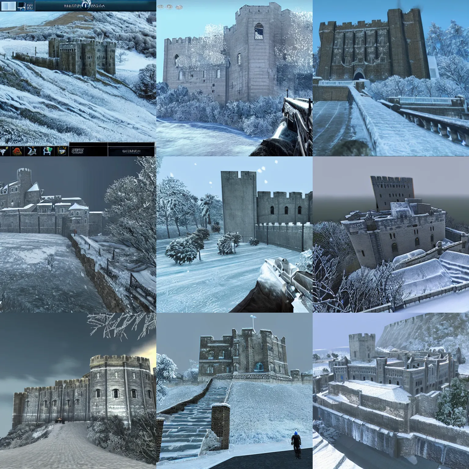 Prompt: dover castle frozen covered in ice and snow, screenshot from'crysis'