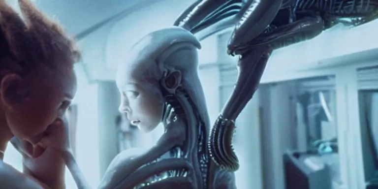 Image similar to film still of doja cat in Alien, xenomorph holding onto her tight, full-shot, 4k