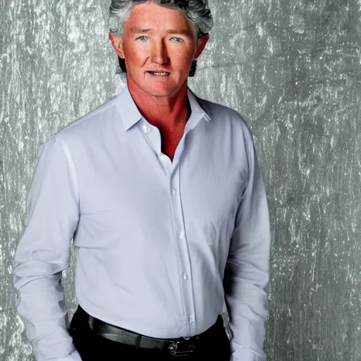 Prompt: patrick duffy with very long length straight grey hair wearing a white shirt