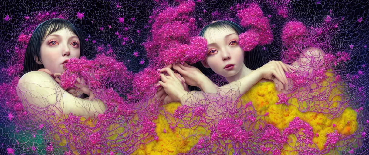 Prompt: hyper detailed 3d render like a Oil painting - kawaii portrait Aurora (black haired fairy laying back) seen Eating of the Strangling network of yellowcake aerochrome and milky Fruit and Her delicate Hands hold of gossamer polyp blossoms bring iridescent fungal flowers whose spores black the foolish stars by Jacek Yerka, Mariusz Lewandowski, Houdini algorithmic generative render, Abstract brush strokes, Masterpiece, Edward Hopper and James Gilleard, Zdzislaw Beksinski, Mark Ryden, Wolfgang Lettl, hints of Yayoi Kasuma, octane render, 8k