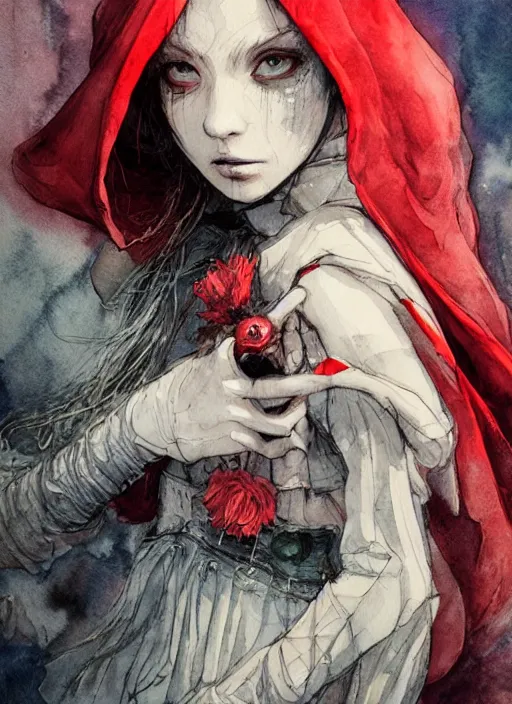 Image similar to portrait, beautiful Little red riding hood at a rave concert, watercolor, dramatic lighting, cinematic, establishing shot, extremly high detail, foto realistic, cinematic lighting, pen and ink, intricate line drawings, by Yoshitaka Amano, Ruan Jia, Kentaro Miura, Artgerm, post processed, concept art, artstation, matte painting, style by eddie mendoza, raphael lacoste, alex ross