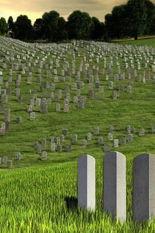 Prompt: realistic detailed, 4 k windows xp bliss hills screensaver with a graveyard, with many gravestones