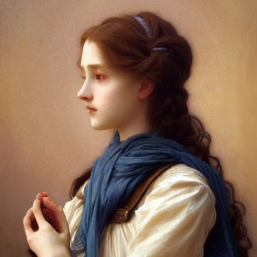 Image similar to Portrait of beautiful pale peasant girl, cinematic lighting, intricate, elegant, highly detailed, digital painting, artstation, smooth, sharp focus, illustration, art by artgerm and greg rutkowski and alphonse mucha and Wayne Barlowe and william-adolphe bouguereau