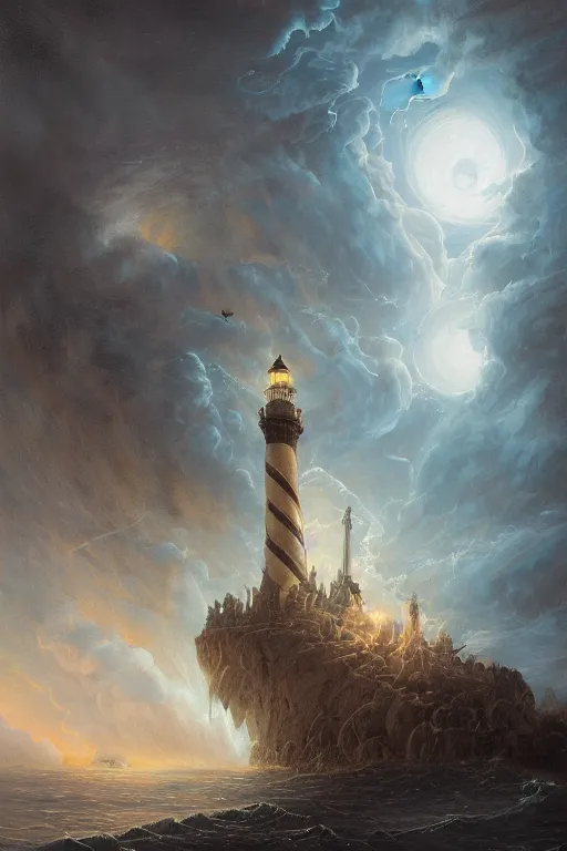 Prompt: Detailed Exterior Shot of Evil Stormy Lighthouse of Alexandria, light of hell, moonlight shafts, flock of birds, epic atmosphere, in Style of Peter Mohrbacher, cinematic lighting