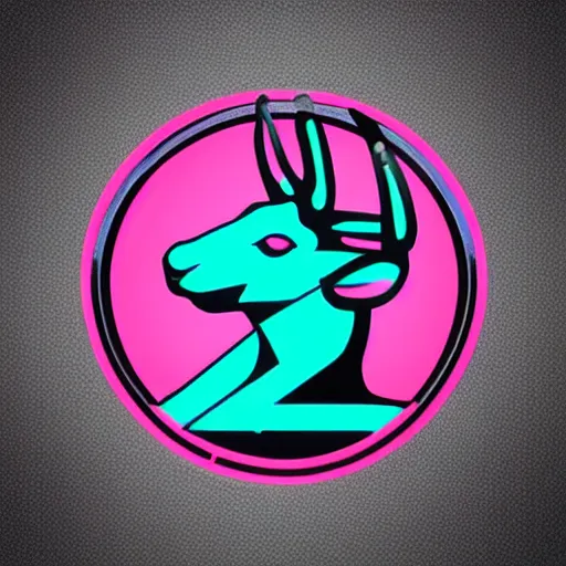 Image similar to logo for corporation called protoneo that involves deer head, symmetrical, retro pink synthwave style, retro sci fi