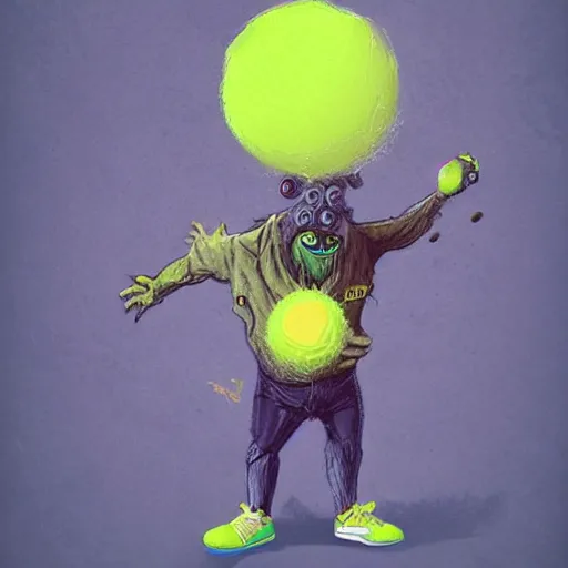 Prompt: a tennis ball monster ,tennis ball, spacetime, chalk, digital art, fantasy, magic, trending on artstation, ultra detailed, professional illustration by Basil Gogos