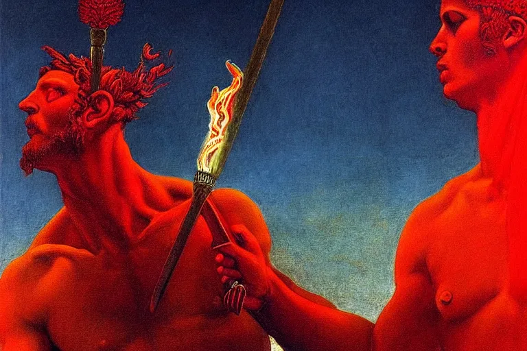 Image similar to only with red, a red melted apollo with a laurel wreath and a flaming sword announce the win, atene in the background, in the style of beksinski, part by hopper, part by rodcenko, part by hofbauer, intricate composition, red by caravaggio, insanely quality, highly detailed, masterpiece, red light, artstation