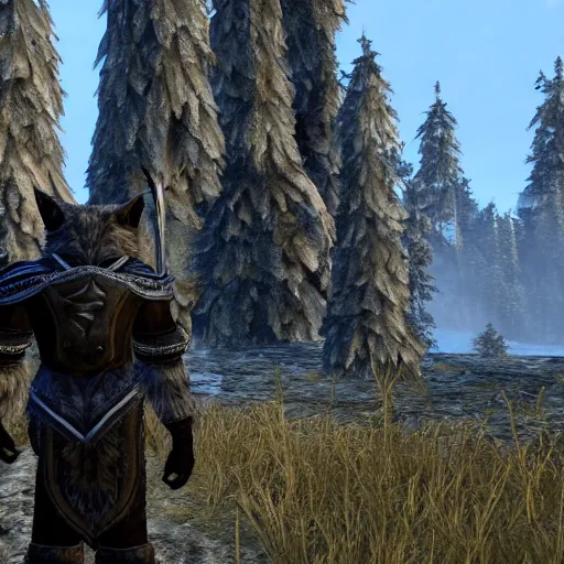 Prompt: furry anthro digital video game screenshot of an anthropomorphic wolf with black fur medieval guard wearing a set of armor standing on the castle walls view of the forest in background in the The Elder Scrolls V: Skyrim