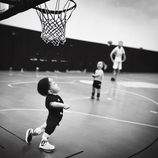 Image similar to a baby dunking a basketball, close up, dramatic action photography