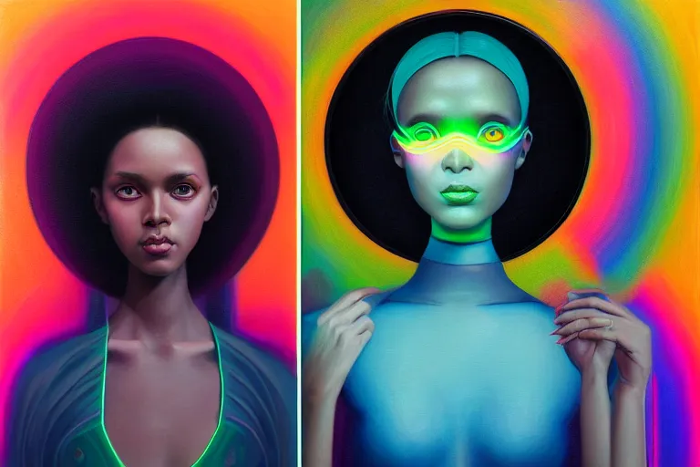 Image similar to patron saint of 🛸🌈👩🏾, futuristic clothing, neon god of city character portrait, in the style of margaret keane, moebius, tom bagshaw, and waterhouse, cinematic lighting, beautiful, elegant, oil painting,