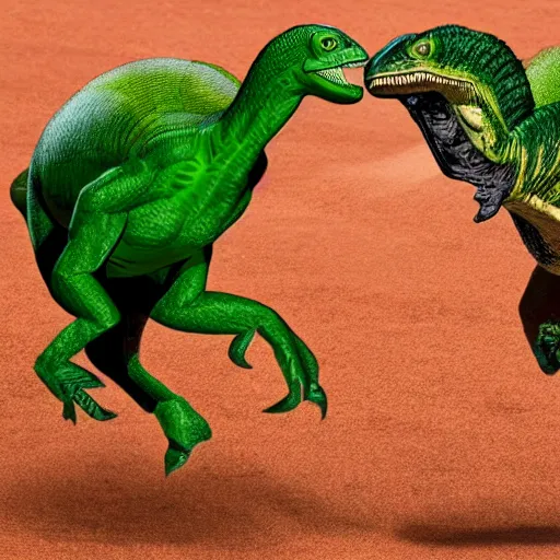 Image similar to a realistic photo of a green velociraptor boxing a brown horse