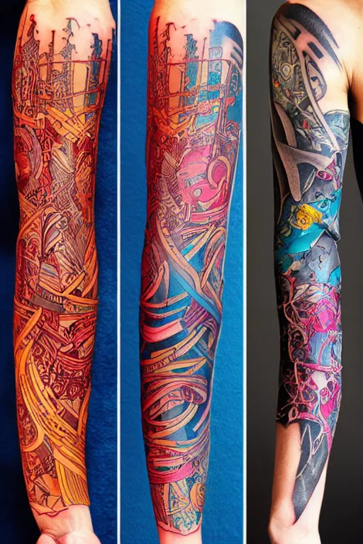 Image similar to tattoo arm sleeves by kilian eng and victo ngai and james jean