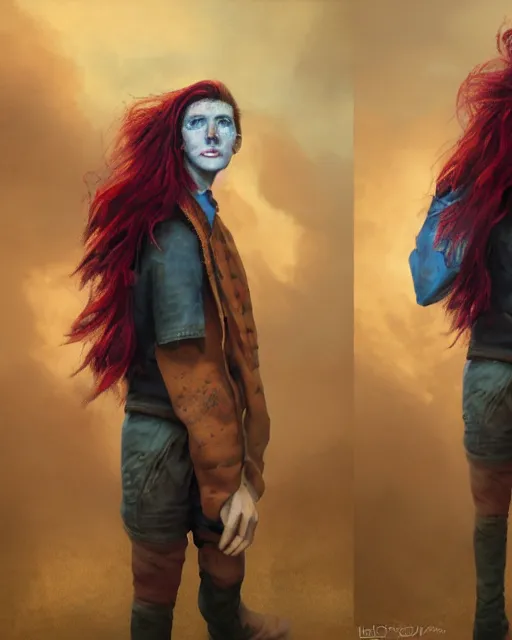 Image similar to a hyper real portrait painting of tall, thin, 1 5 - year - old boy with a long nose, a lot of freckles, fiery red hair, and bright blue eyes, 4 k, 8 k, d & d concept art, unreal 5, daz, hyperrealistic, octane render, cosplay, rpg portrait, dynamic lighting