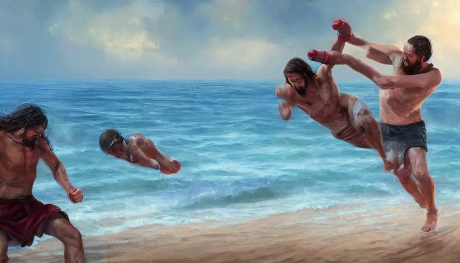 Prompt: jesus christ fighting a blind man on the beach, hyperrealistic, 8k, artstation, cgsociety