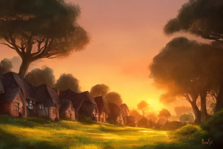 Image similar to sunset over the cottages in the shire, ghibli, artstation, award wining, rutkowski, shinkai