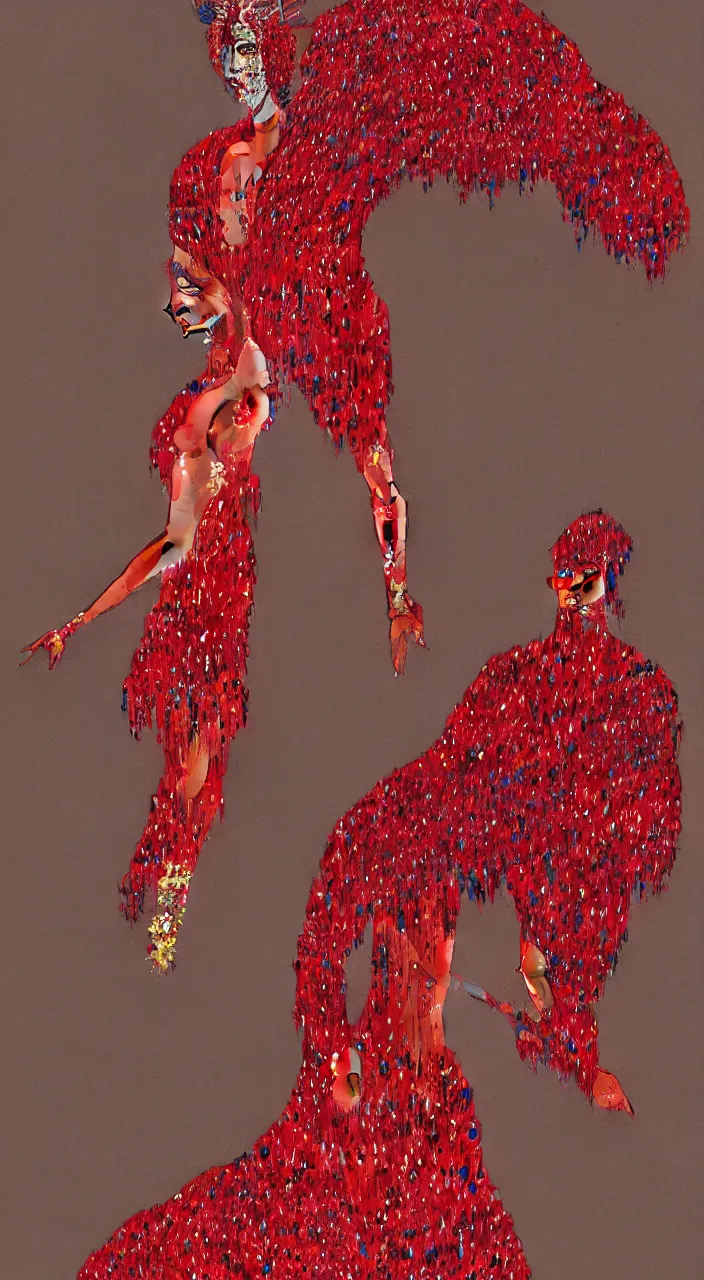 Image similar to a full - body woman character design concept art wearing a red sequined bodysuit, beads hanging over her face like an alexander mcqueen headdress, costume by eiko ishioka, haute couture by moebius, steven outram, colorful and psychedelic