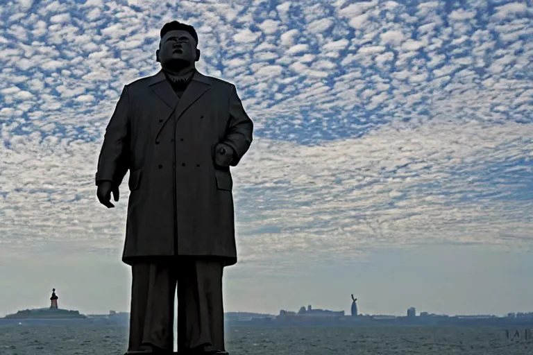 Image similar to a gigantic statue of kim jong un standing on the liberty island, symmetry, awesome exposition, very detailed, highly accurate, 8 k