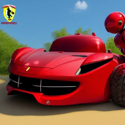 Prompt: a red robot with big tires on it's shoulders, big hands, Ferrari logo on it's chest, wearing a round helmet | unreal engine | hd | 3D model