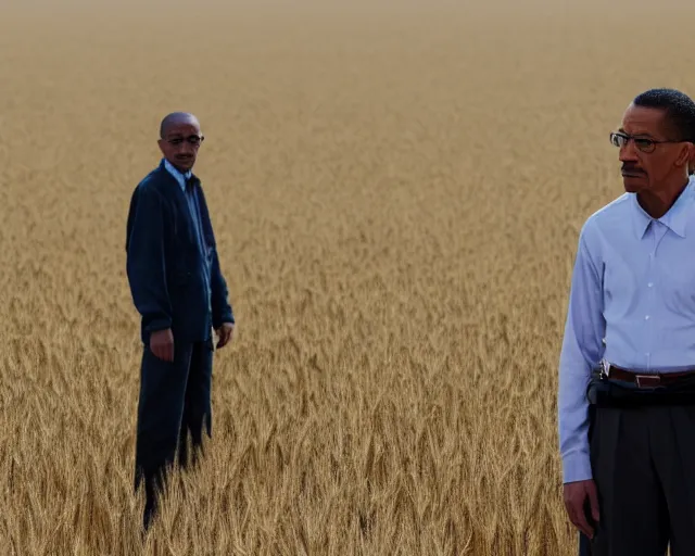 Prompt: extreme long shot of walter white and gustavo fring standing in front of each other from a distance in a wheat field, low angle, side view, 3 5 mm photograph, 8 k resolution, wide shot, sharp lens