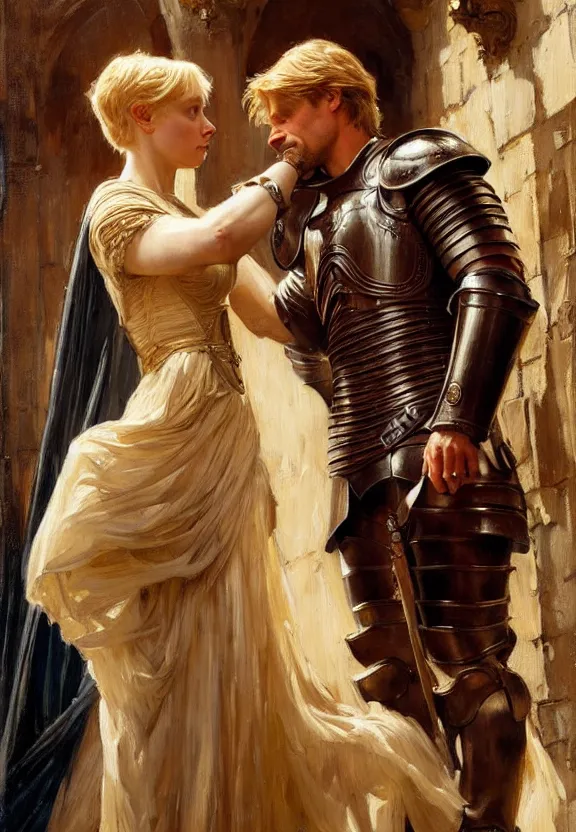 Image similar to attractive fully clothed jaime lannister confesses his love for attractive fully armored brienne of tarth. tender looks. highly detailed painting by gaston bussiere and j. c. leyendecker 8 k