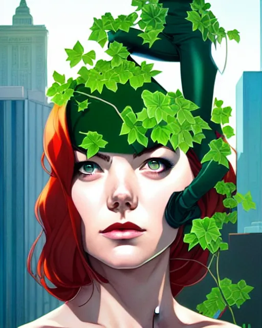 Image similar to joshua middleton, phil noto, artgerm, emma stone poison ivy dc comics, vines, symmetrical eyes, city rooftop