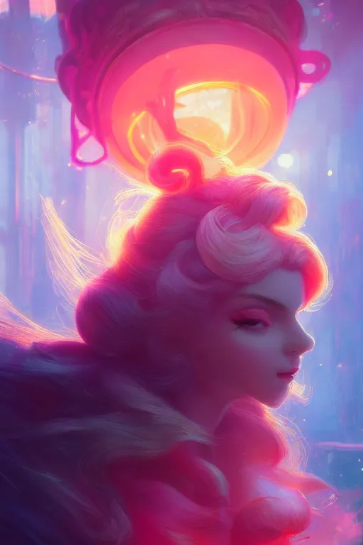 Prompt: princess Peach, illustrated by Greg Rutkowski and Gaston Bussiere, 35mm lens, beautiful macro close-up imagery, vibrantly lush neon lighting, beautiful volumetric-lighting-style atmosphere, a futuristic atmosphere, intricate, detailed, photorealistic imagery, trending on artstation, 4k, 8k