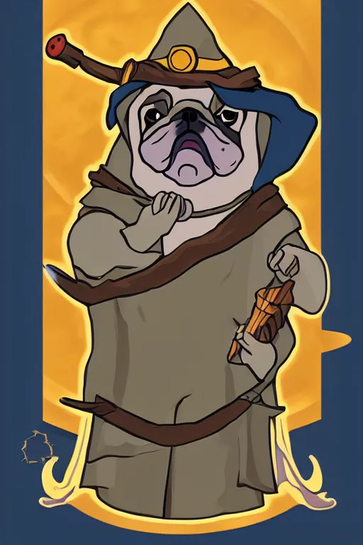 Image similar to Portrait of a pug that is a wizard casting a spell , wizard, medieval, sticker, colorful, casting epic spell, magic the gathering artwork, D&D, fantasy, artstation, heroic pose, illustration, highly detailed, simple, smooth and clean vector curves, no jagged lines, vector art, smooth