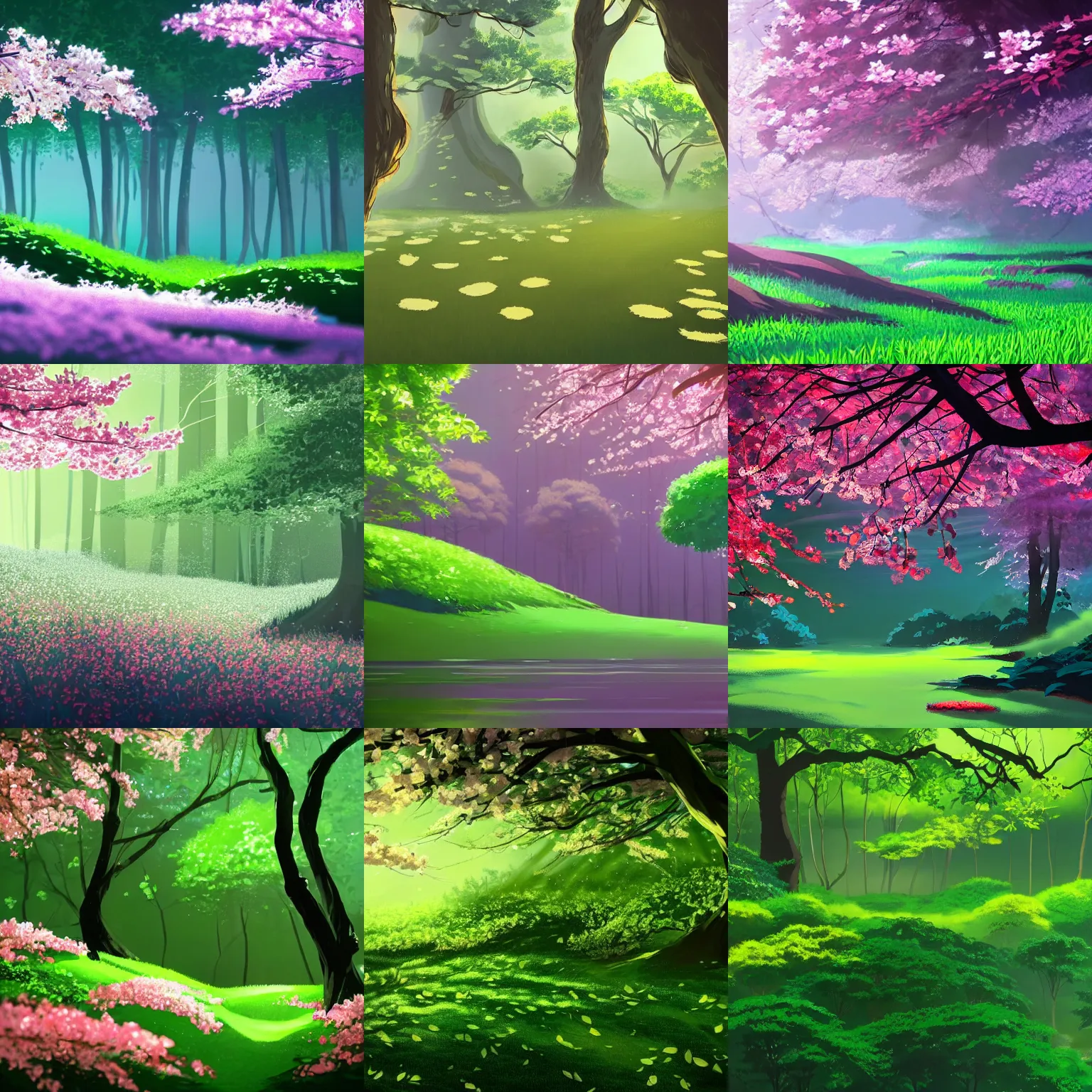 Prompt: closeup a lot of sakura petals and green leaves in the air, in gentle green dawn light, forest background, eyvind earle, studio ghibli painting, cinematic lighting, volumetric lighting, smooth, sharp focus, highly detailed, render in unreal engine 5, artstation, deviantart, behance, trending, epic composition, octane, light rays, award - winning